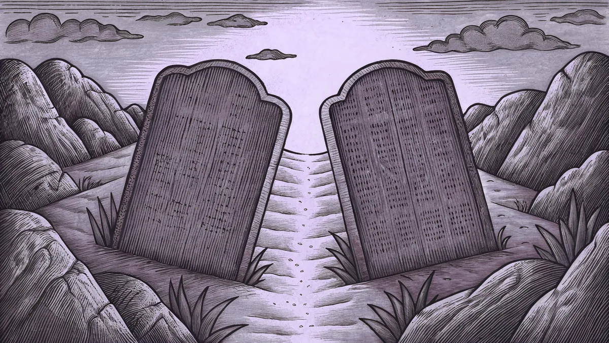 Two stone tablets positioned on rocky mountainside with golden clouds overhead