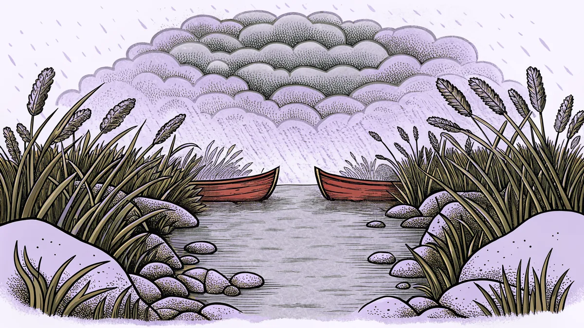 River swollen with red water, frogs scattered everywhere, insects and hail falling