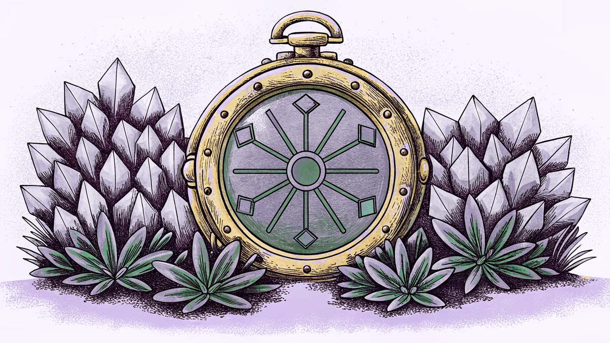 An ornate brass time machine sits surrounded by crystalline flowers.