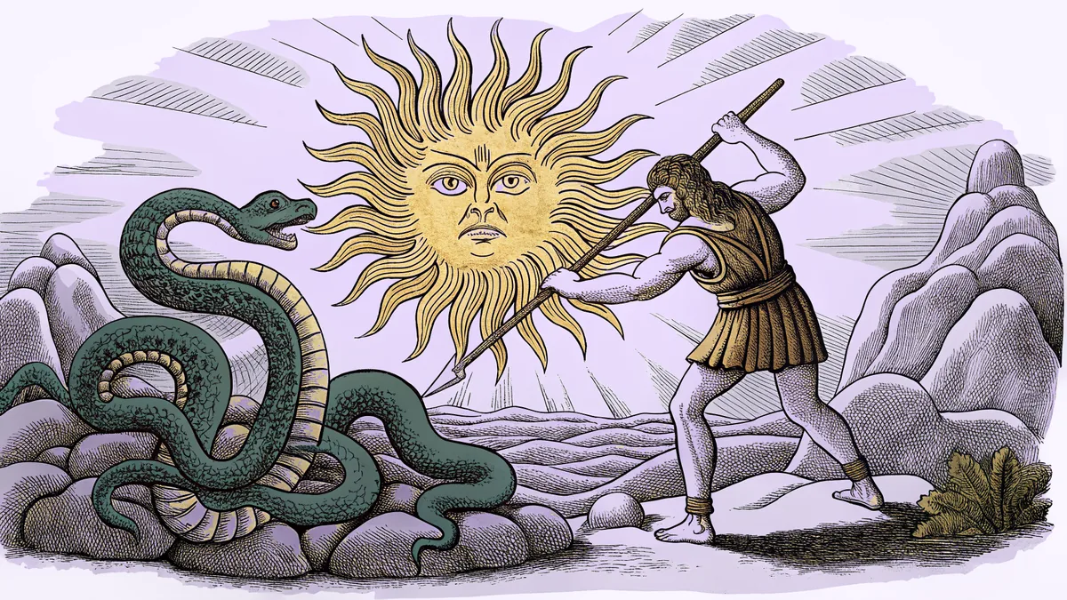 A muscular warrior in ancient garb fighting a multi-headed serpent.
