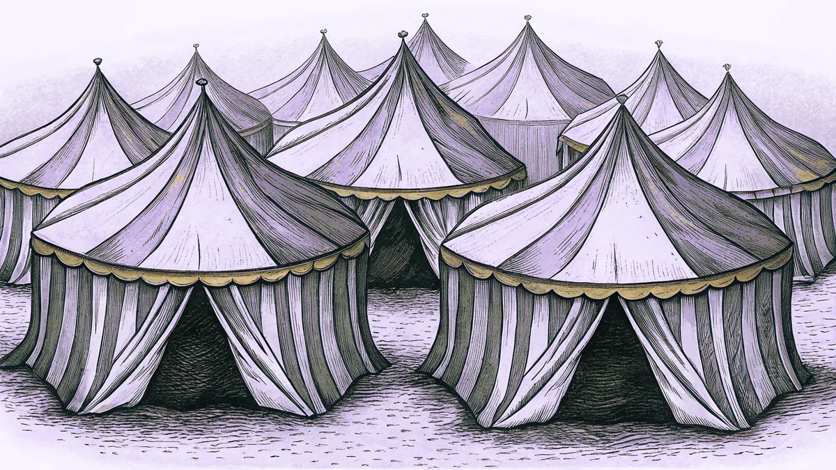 Desert camp with twelve distinct tents arranged in circle under starlit night