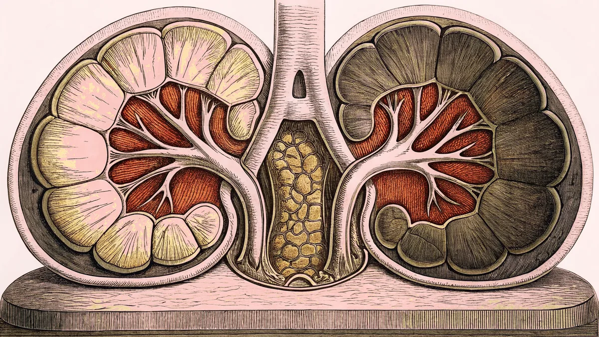 An anatomical model shows two kidneys joined by tubes to a bladder on a smooth pedestal.