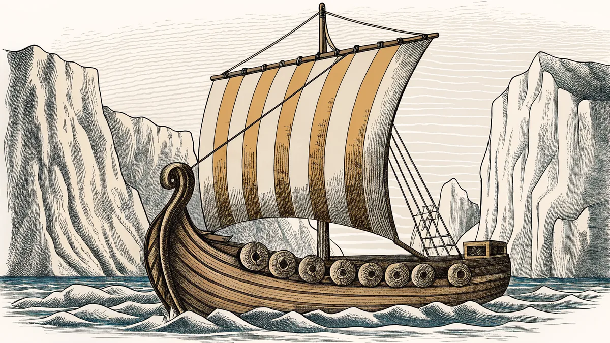 A Nordic longship with square sail navigates a dramatic ice-carved fjord between towering glacial cliffs.