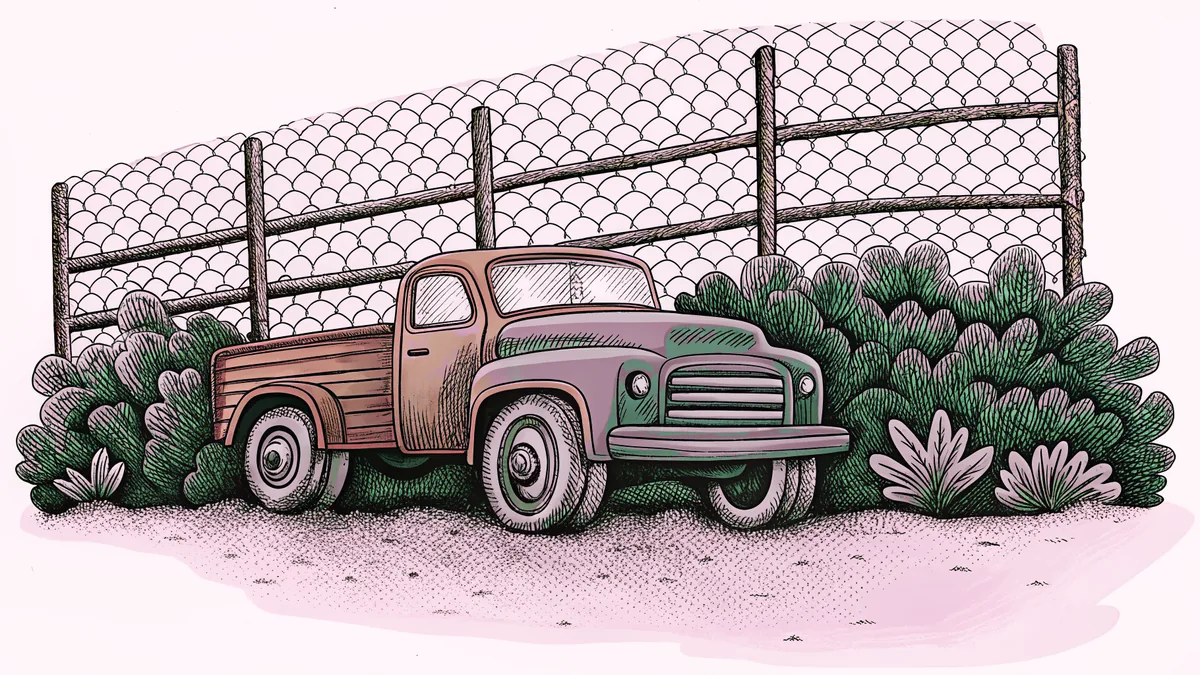 An abandoned vehicle and barbed-wire fencing stand amid wild, overgrown landscape.