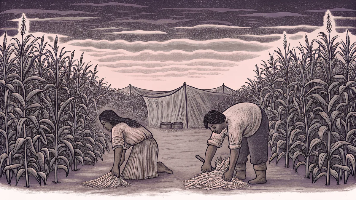Wampanoag people harvest maize near traditional shelters overlooking fishing waters.