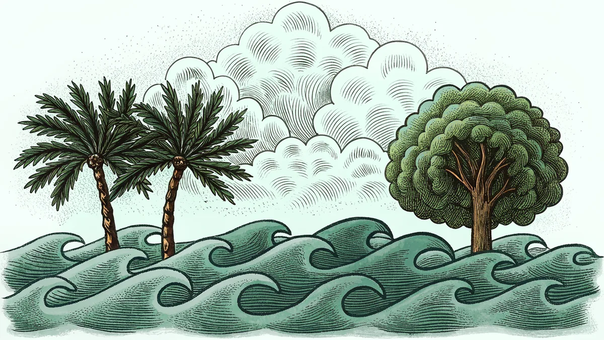 Weather scene showing precipitation over ocean and landscape