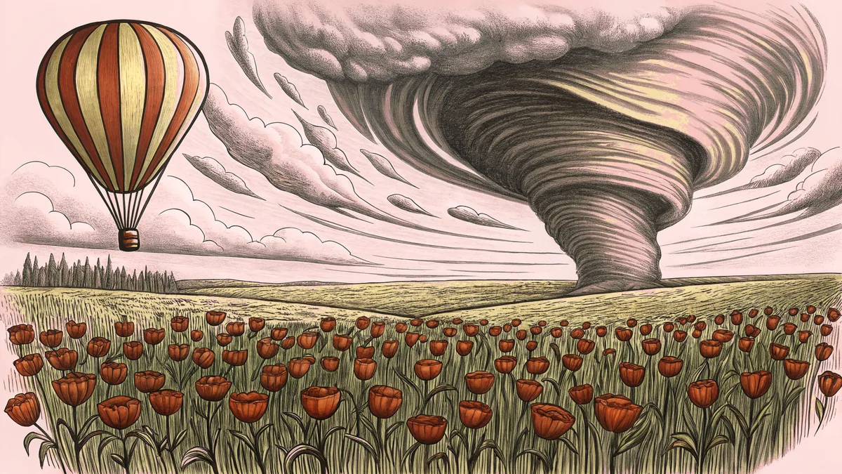 A dark cyclone swirls above a poppy field as a hot air balloon drifts near a glowing emerald skyline.