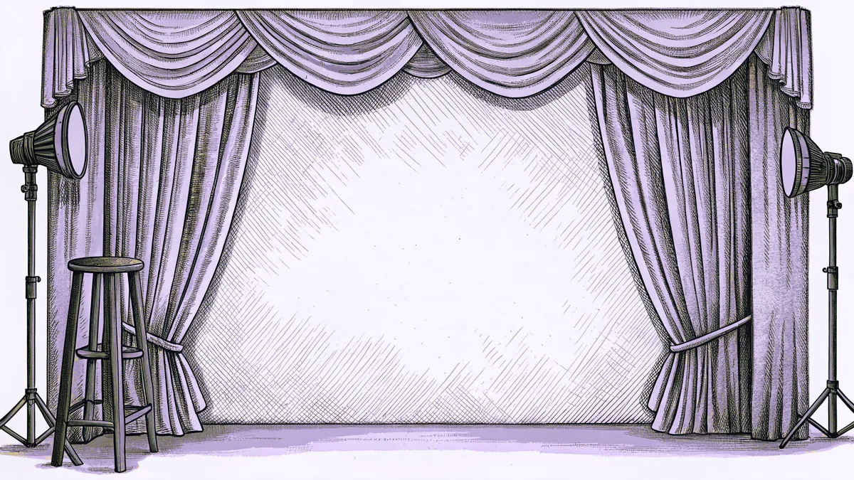 A velvet stage curtain and spotlight rig stand over an empty rehearsal stool.