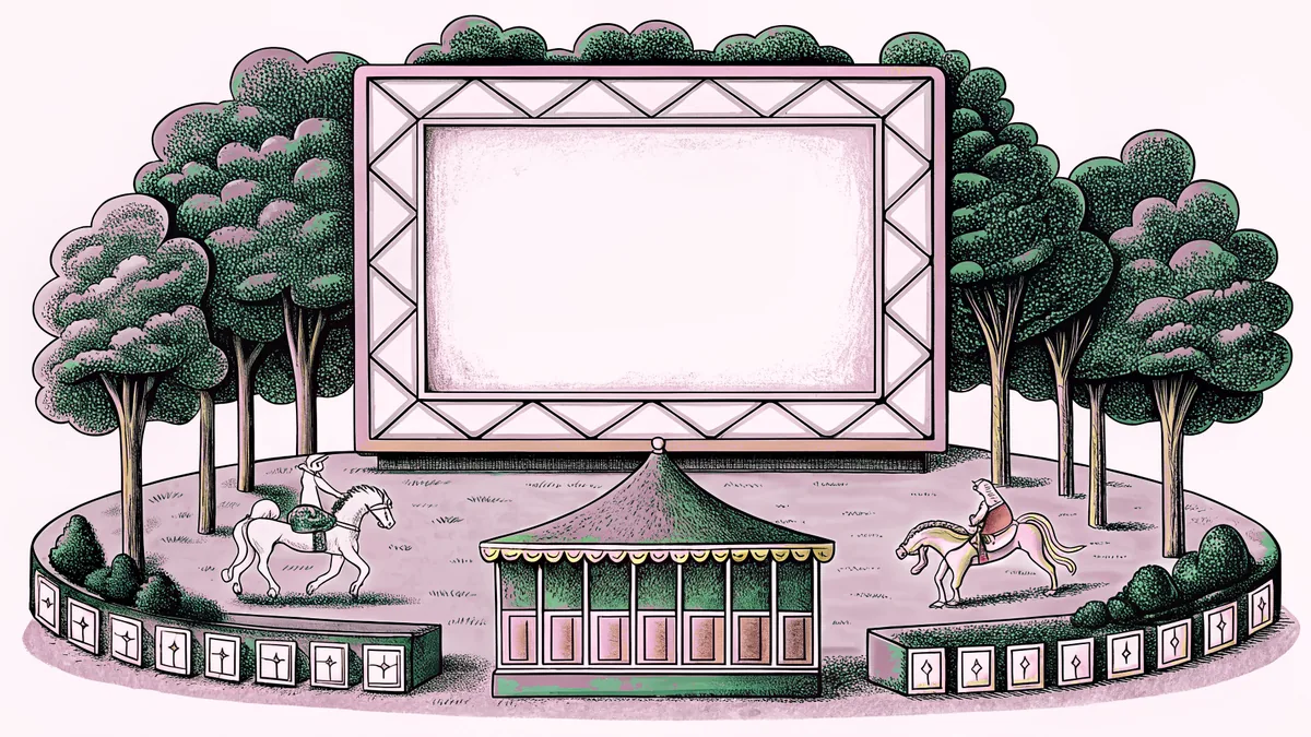 A blank park map rests beside a carousel horse and unmarked ticket stubs on a counter.
