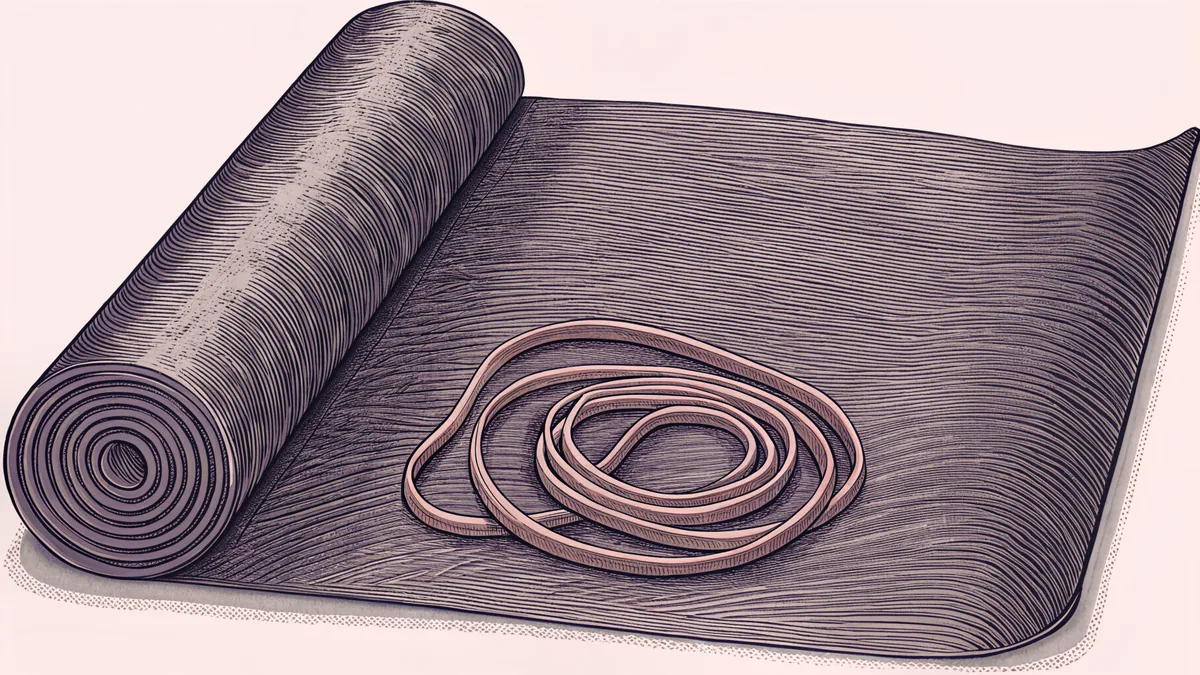 A rolled exercise mat beside a looped rubber resistance band.