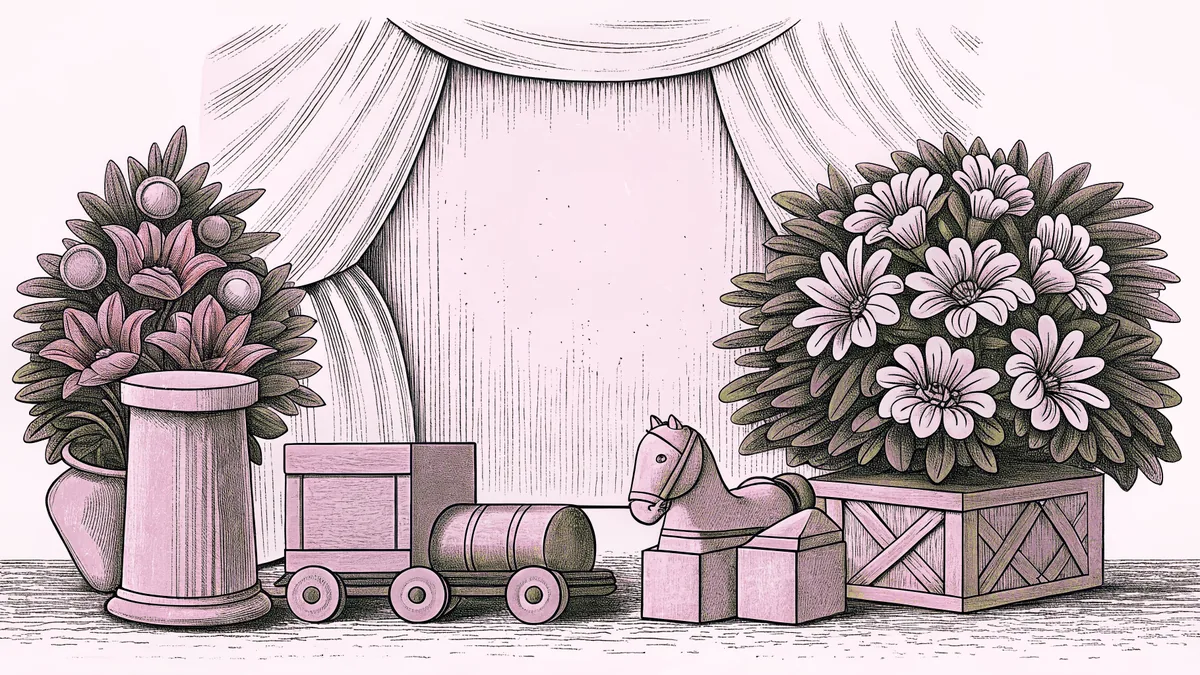 Arrangement of treasured items including flowers, toys, a pet, and keepsakes.