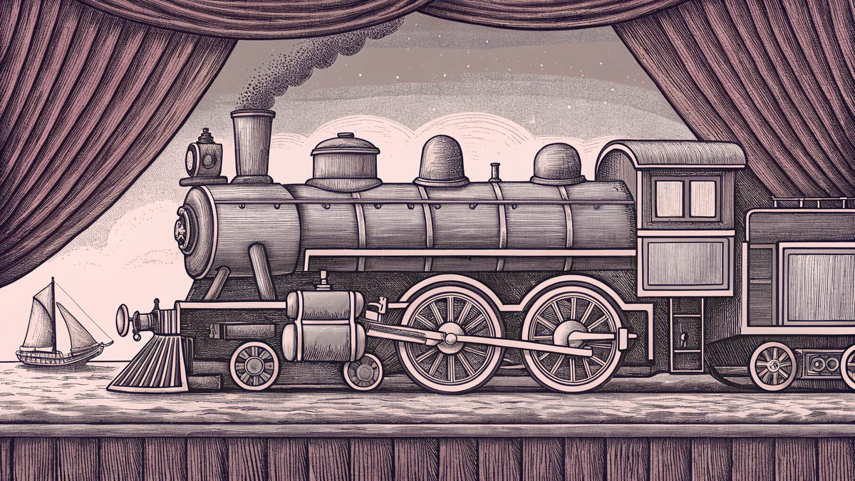 A vintage train engine stands beside a small sailboat near a wooden dock.