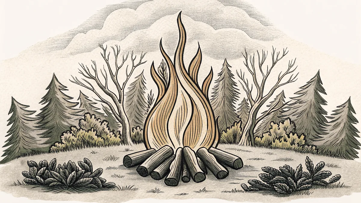 Autumn bonfire with natural materials piled nearby.