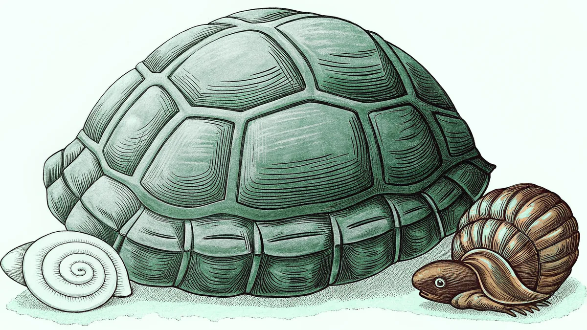 A turtle shell, a snail, a coconut, and a walnut arranged together on a wooden surface.