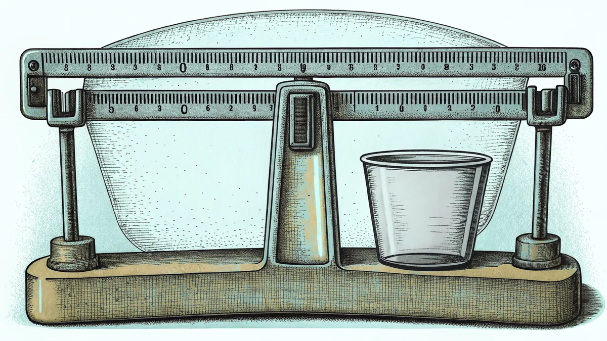Measuring instruments including ruler, scale, and cup.
