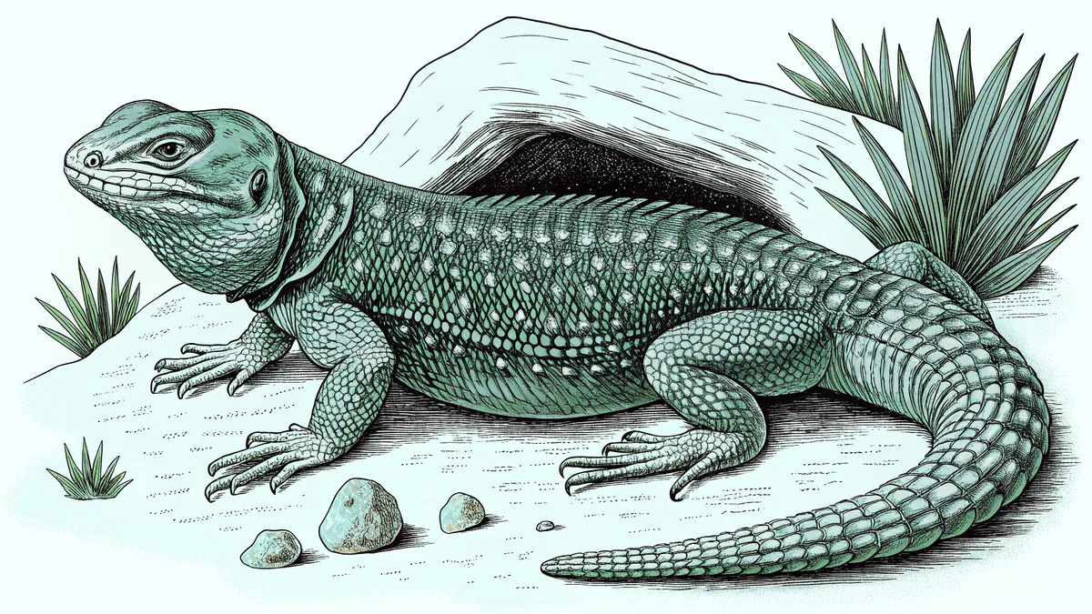 A speckled lizard rests on a sun-warmed stone next to a hollow log, its markings blending into the rock.