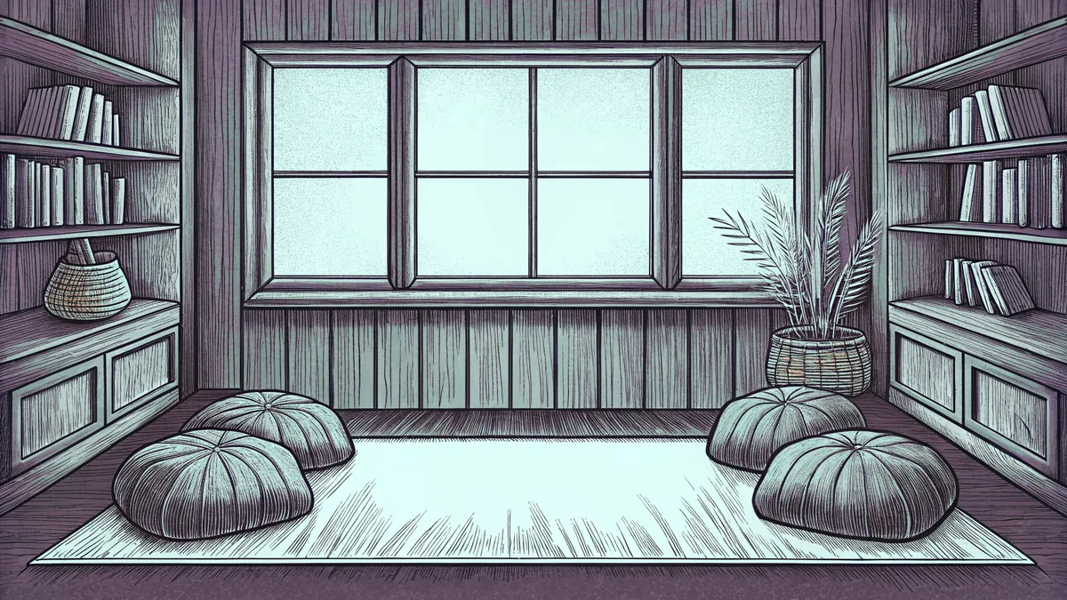 A classroom reading nook with floor cushions, a woven basket and a potted fern beside a window.
