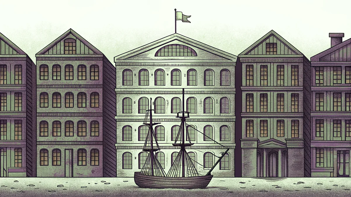 Colonial-era buildings and ships from the American Revolutionary period