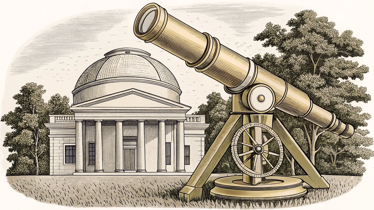 A brass telescope and a drafting compass sit beside a domed plantation rotunda in Virginia.