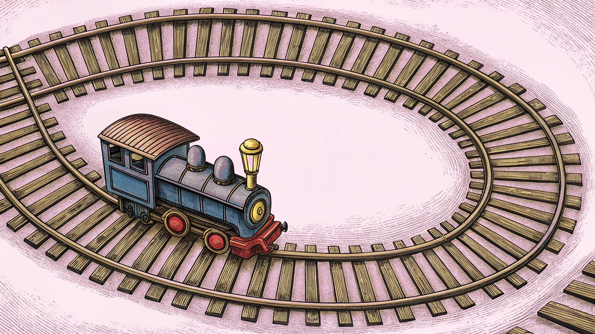 A blue toy steam locomotive stands beside a loop of wooden track and a signal lamp.