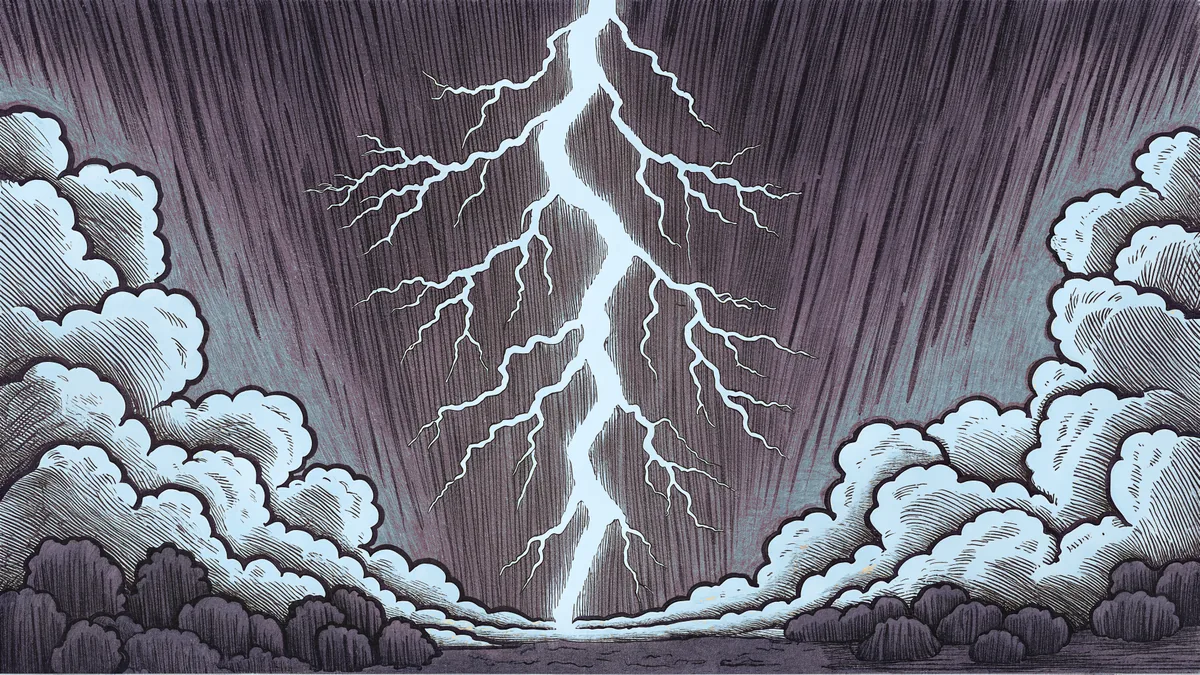 Thunderstorm scene with lightning bolt, dark clouds, heavy rainfall, hailstones.