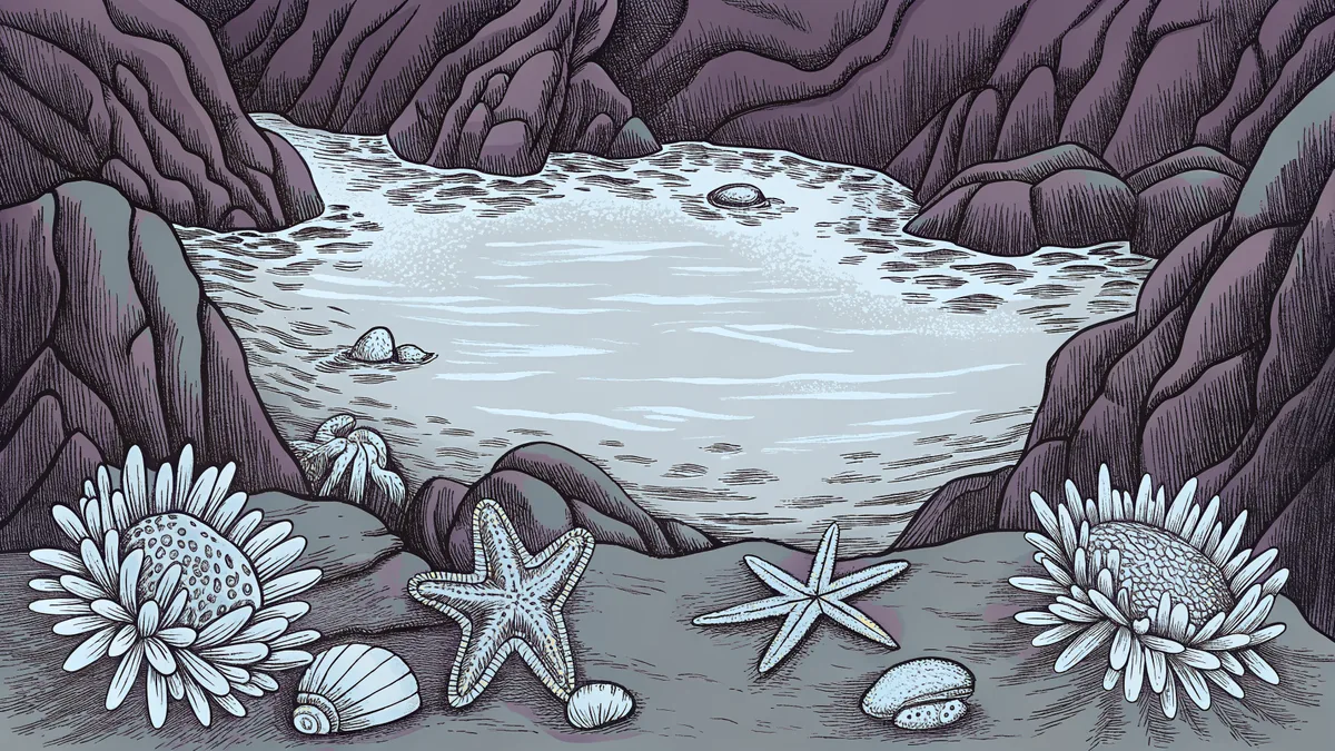 A shallow tide pool swarming with starfish, anemones, and colorful marine life.