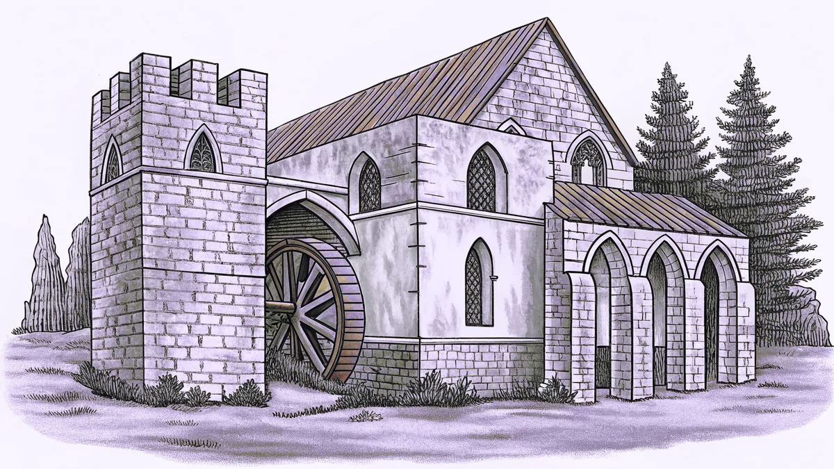 Medieval stone structures frame a monastery and watermill beside a forested moat landscape.