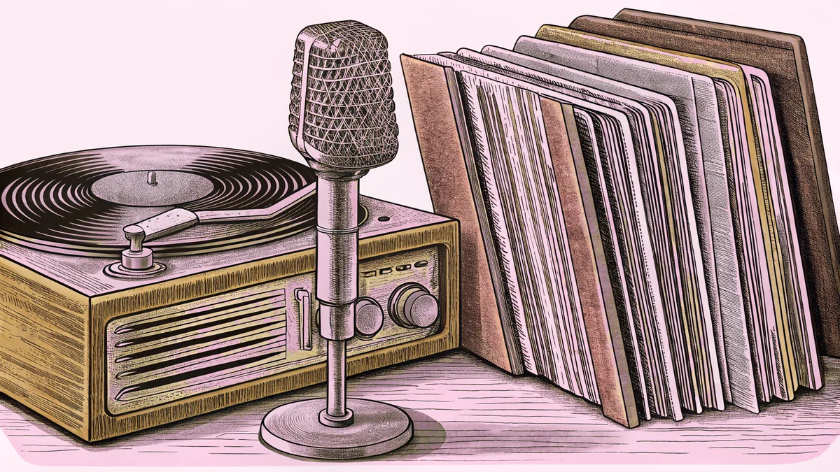A record player with vinyl albums stacked beside an old microphone.