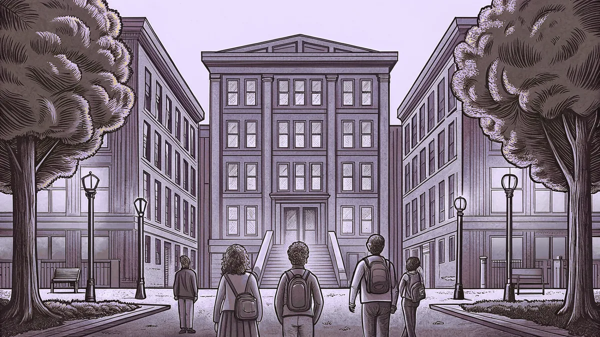 A busy street intersection shows students walking toward a distant school building.