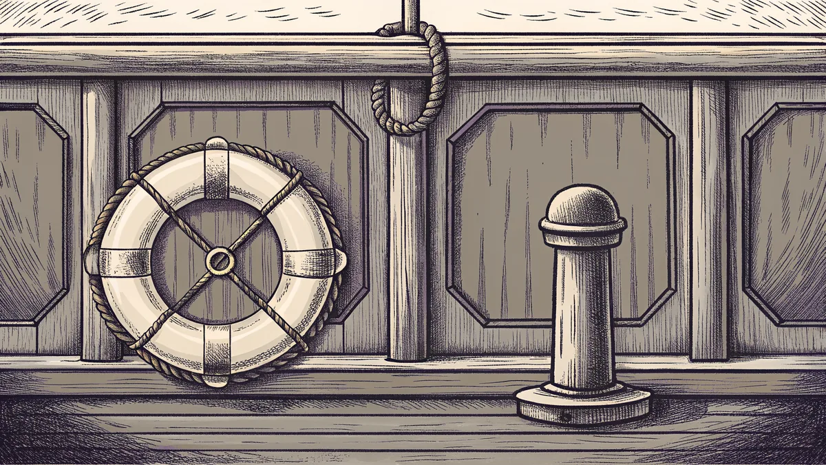 A life ring mounted beside a rounded mooring post on a ship's deck.