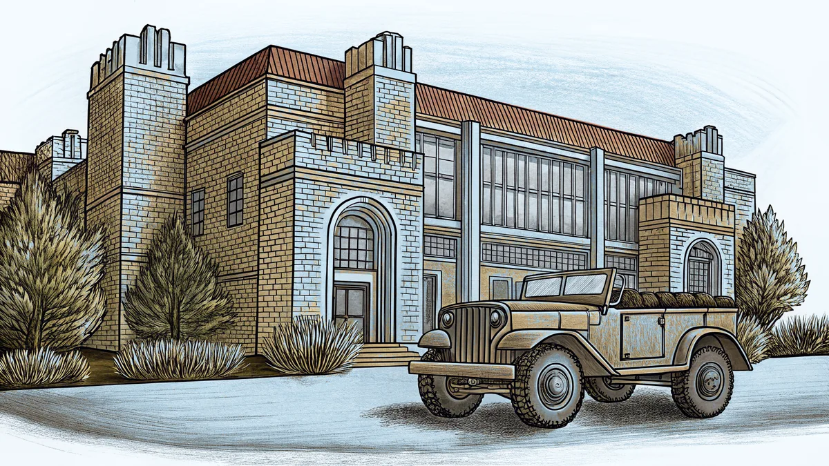 A classic military jeep displayed near Toledo's historic glass buildings.