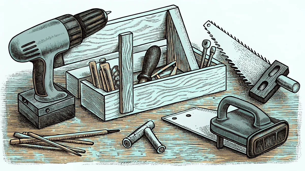 A carpenter's workbench stacked with hand and power tools.