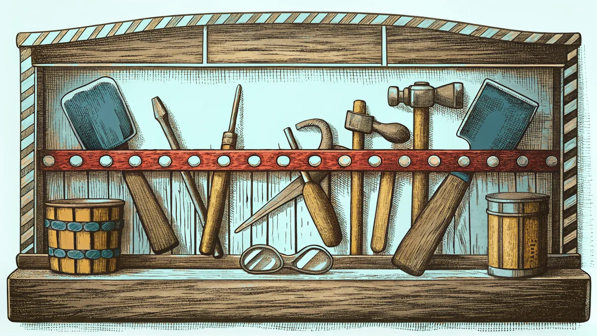 Assorted hand tools arranged on a wooden workbench.