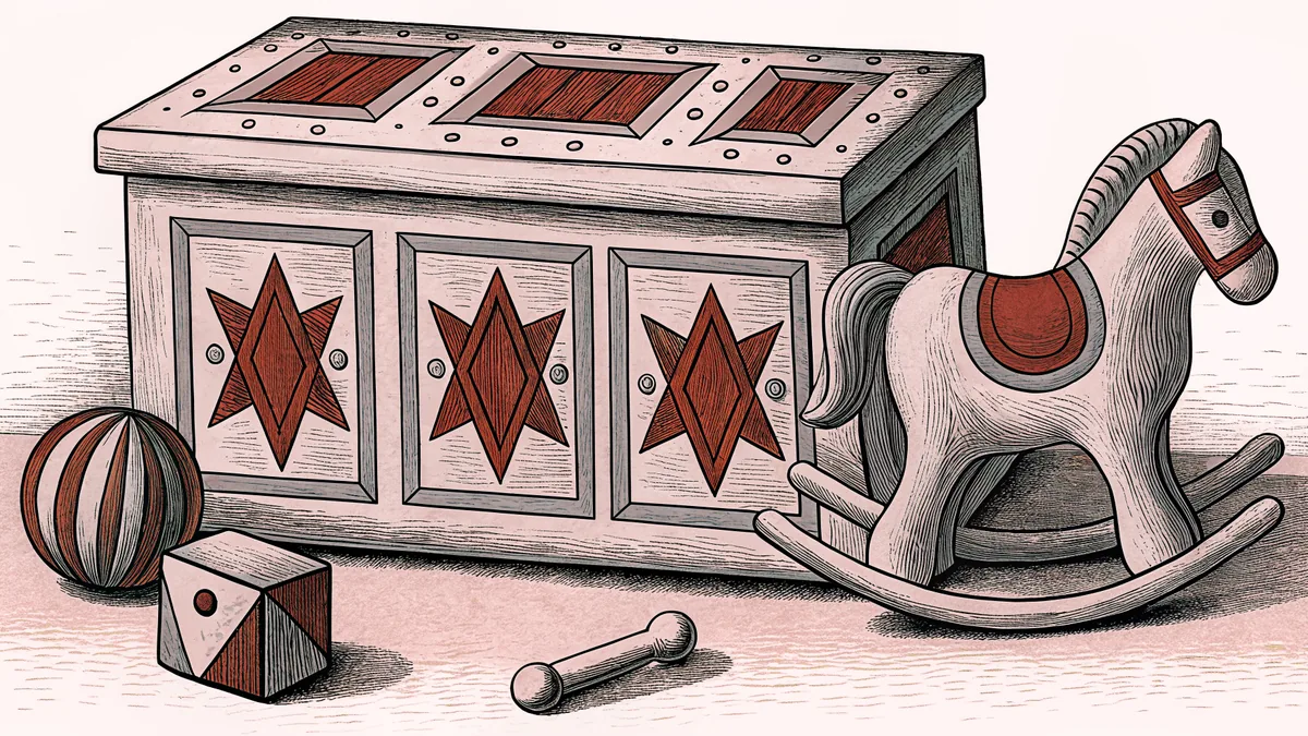 A wooden toy chest stands open beside a rocking horse, with colorful blocks and a spinning top scattered nearby.
