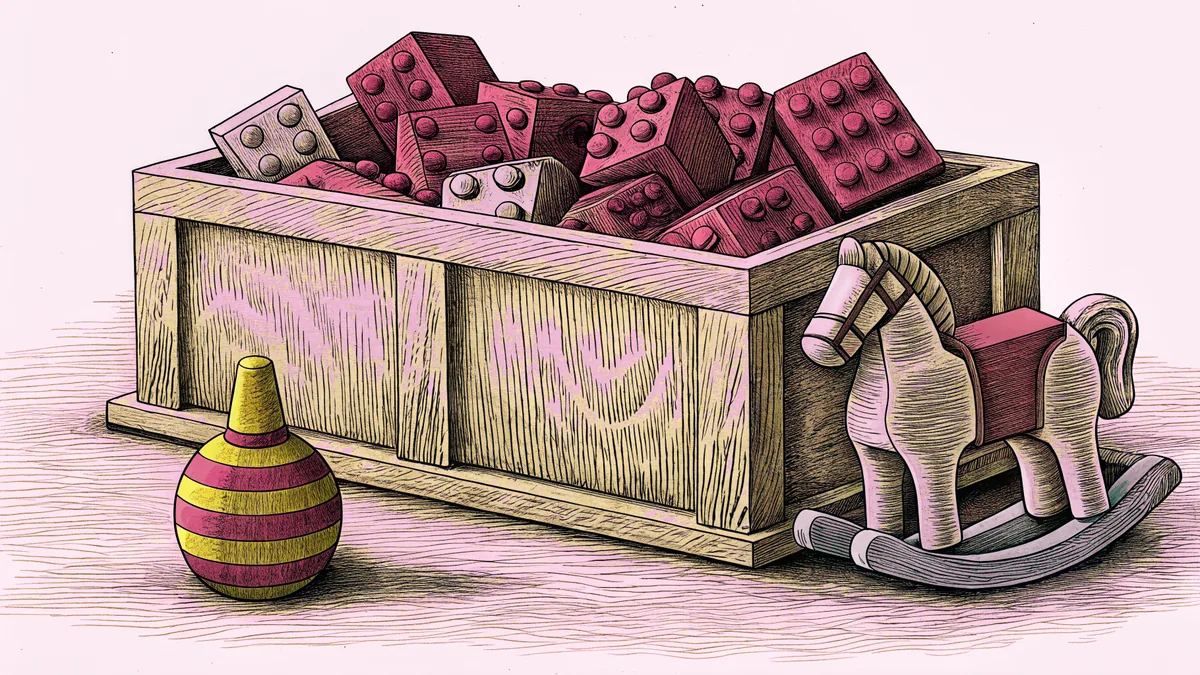 A wooden toy chest stands open beside a rocking horse with building blocks and spinning top spilling out.