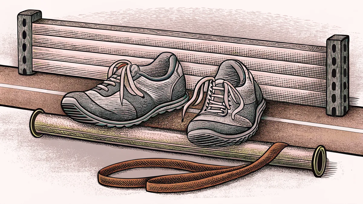A relay baton and running shoes sit on a red track near an athletic hurdle.