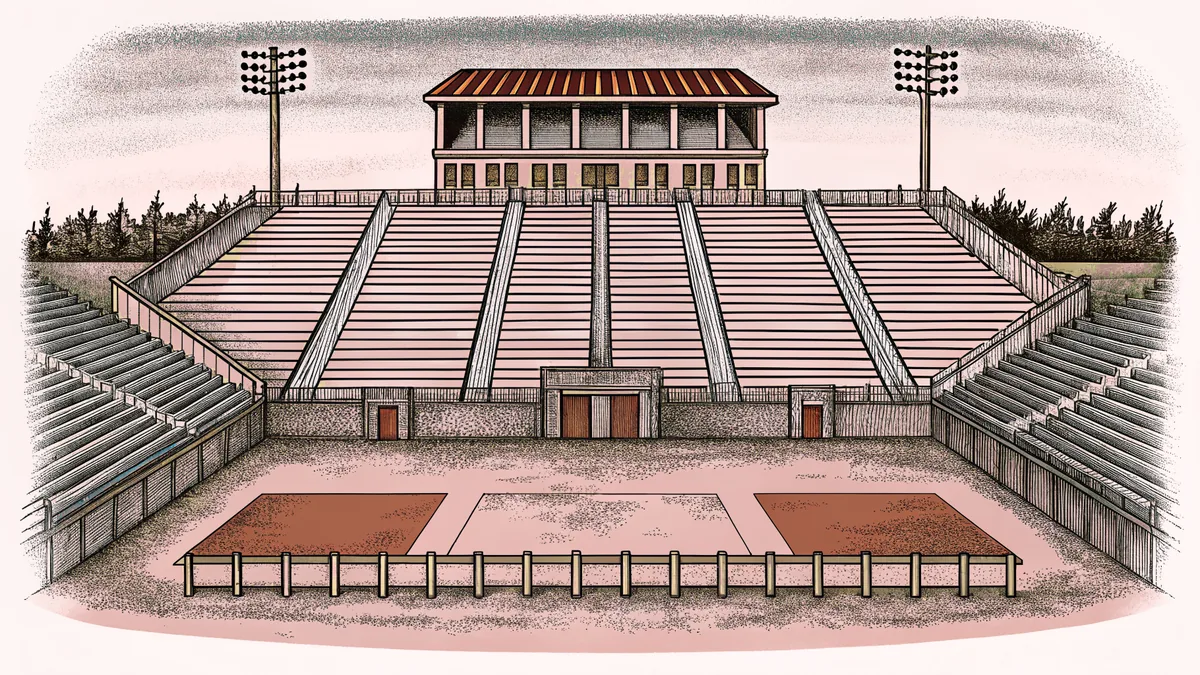 An athletic track with hurdles and equipment for field events.