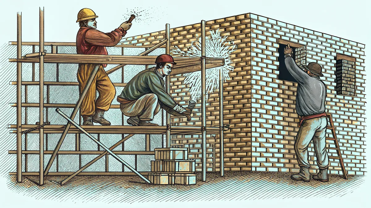Skilled craftspeople working with tools and materials on various job sites.