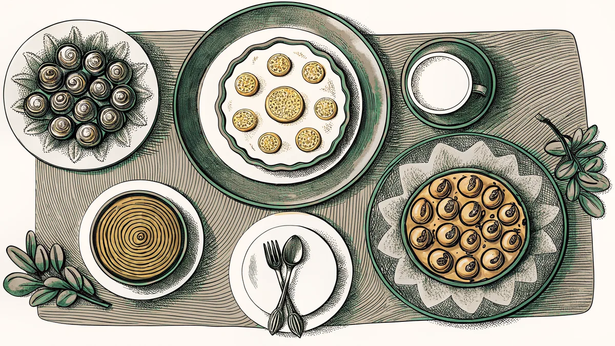 Classic French dishes arranged on fine tableware.