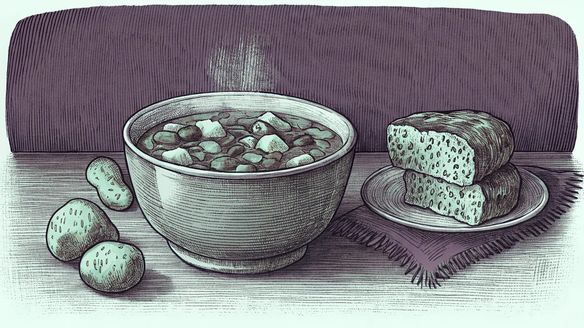Traditional Irish hearty dishes—steaming stew, golden soda bread, roasted vegetables.