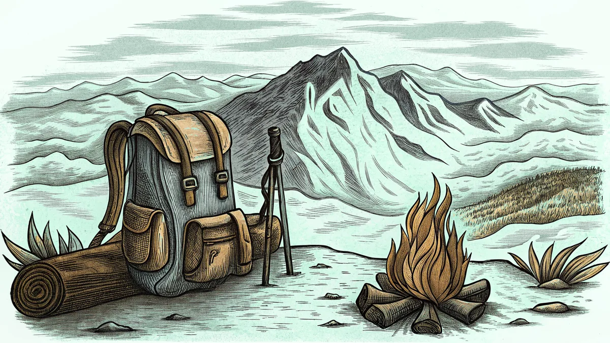 Hiking backpack beside a campfire on a mountain ridge with distant peaks.