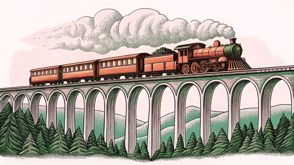 A steam locomotive crosses a soaring rail viaduct pulling a string of freight and passenger cars.