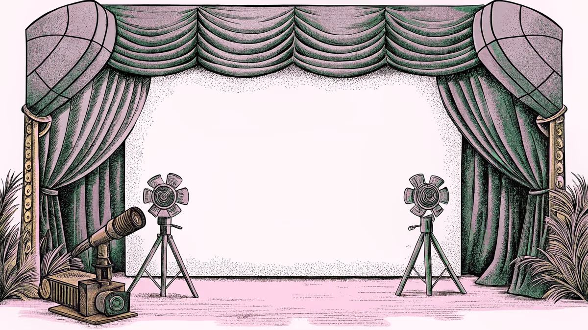 A cinema projector, studio camera, and boom microphone are arranged on tripods in a professional studio setting.