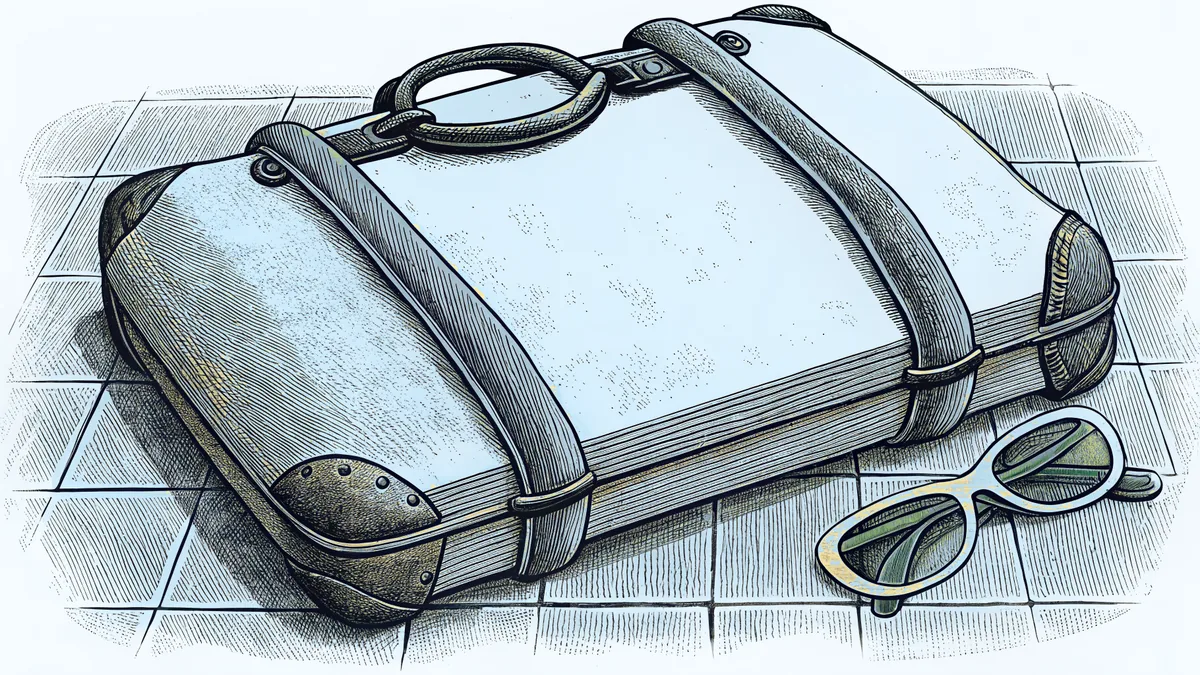 A scuffed leather suitcase with a folded pair of sunglasses resting on tiled ground.