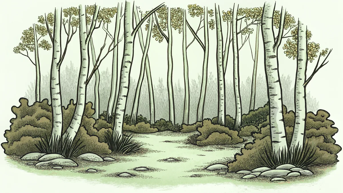 Birch and willow trees display exposed bark beside fallen acorns and twigs on forest floor.