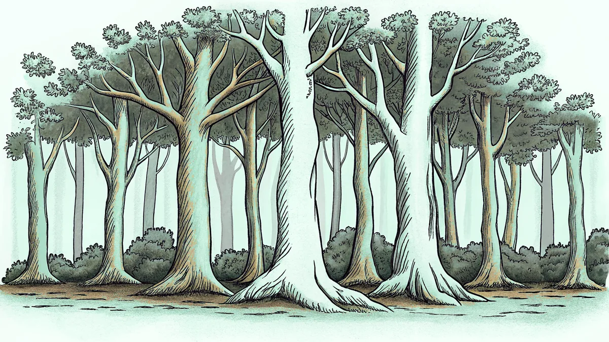 Varied tree types showing trunks, branches, colorful leaves, and root systems.