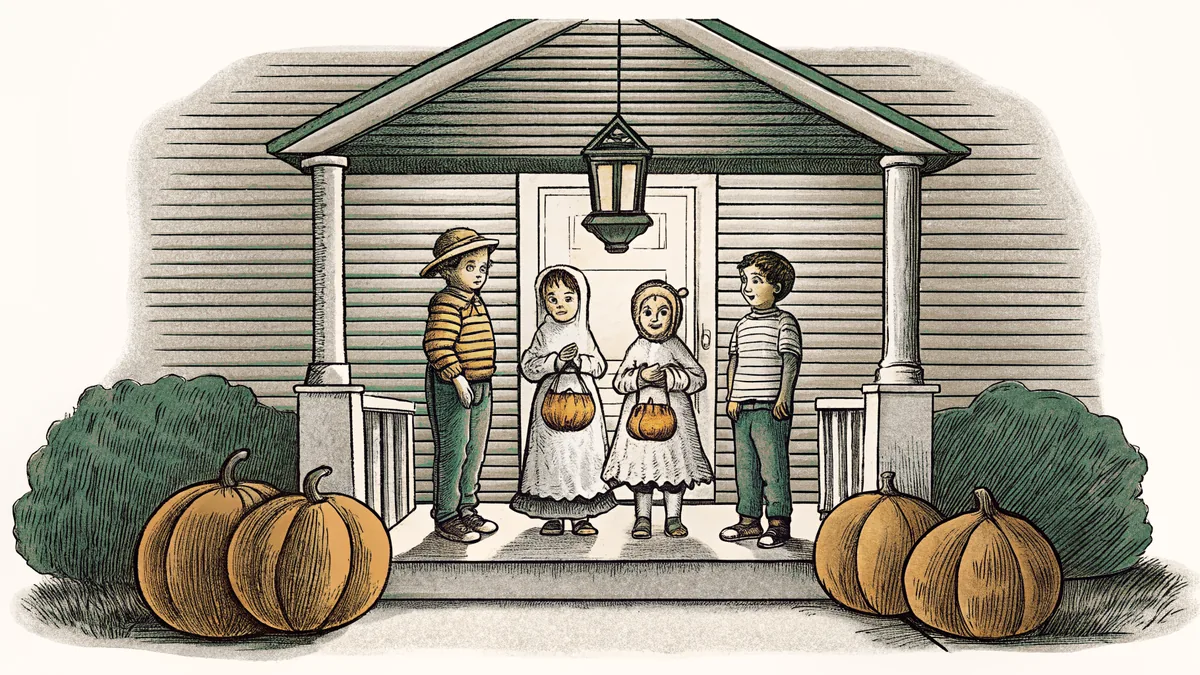 Children in Halloween costumes collecting candy on a darkened porch.