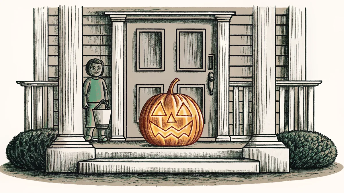 A Halloween porch decorated with a glowing jack-o'-lantern and trick-or-treater in costume.
