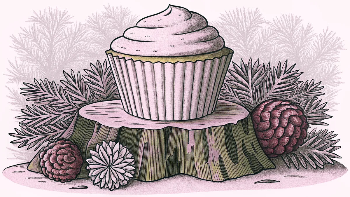 A frosted cupcake on a mossy tree stump beside two pinecones.