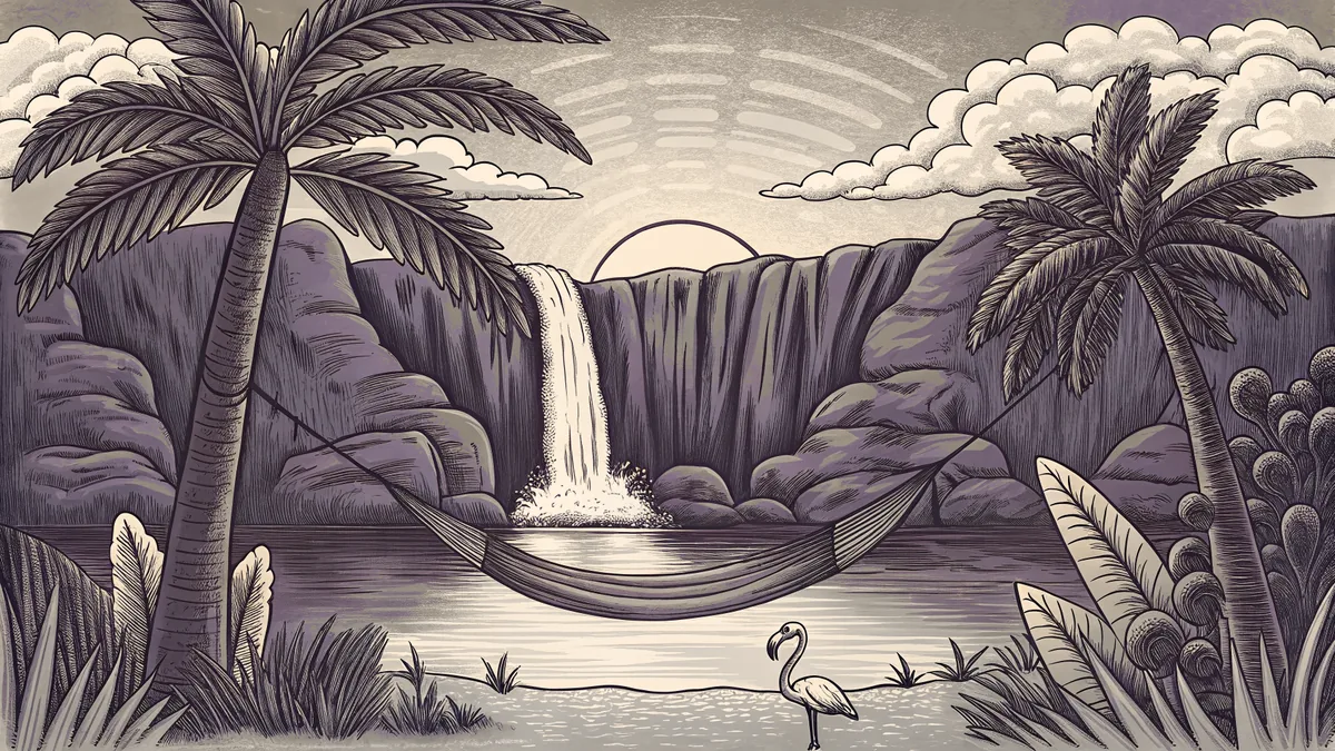 A flamingo rests near a palm tree and hammock overlooking a tropical waterfall.